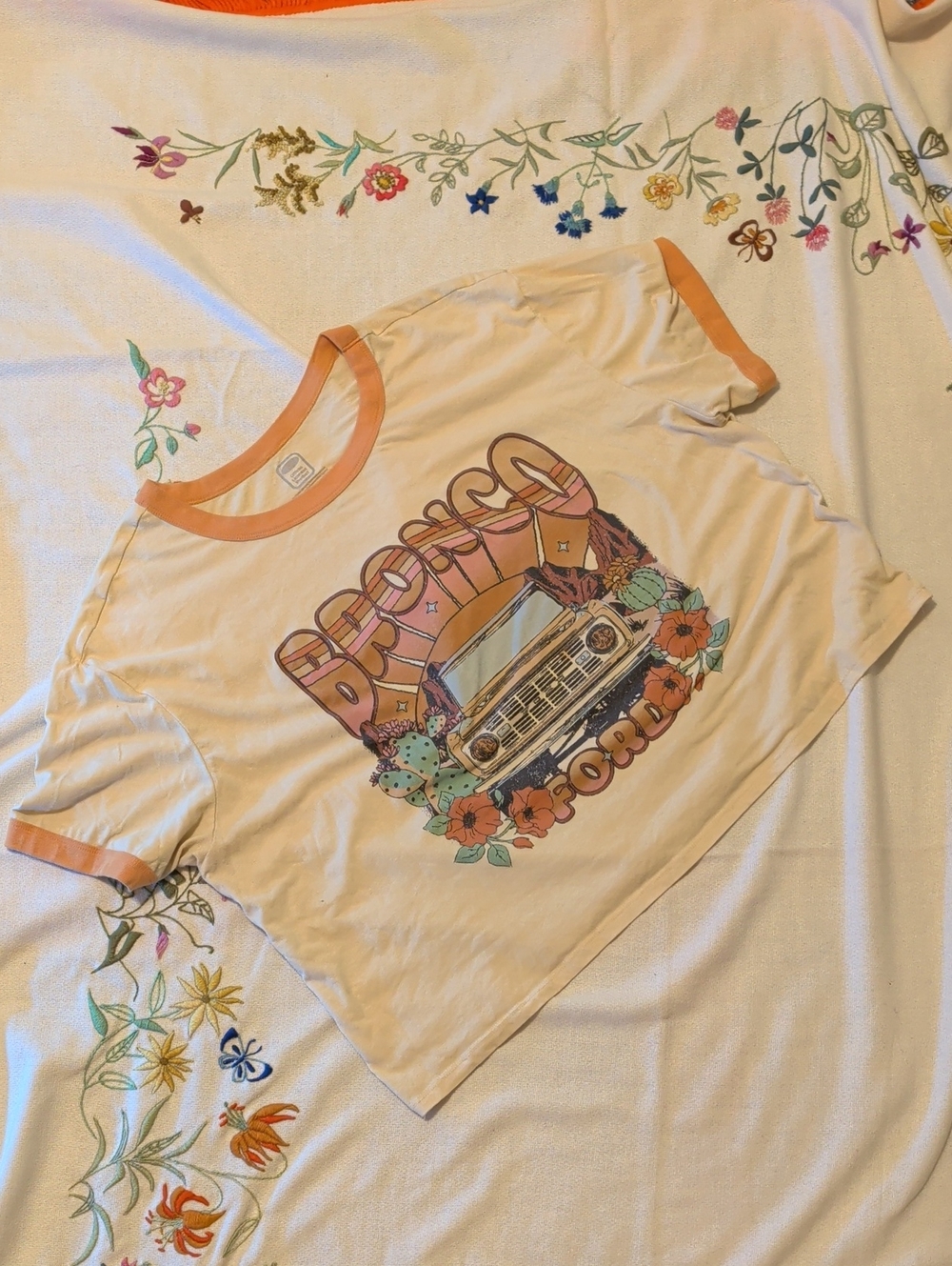 Oversized SOFT Cream Retro Graphic Ringer Tee with Orange Trim